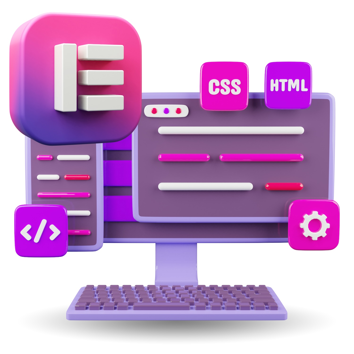 Realizzazione Siti Web E-Commerce 9 Immagine in 3d della progettazione di un sito web responsive e ottimizzato con il logo di Elementor e i linguaggi di programmazione - ALOUD Marketing e Web Design