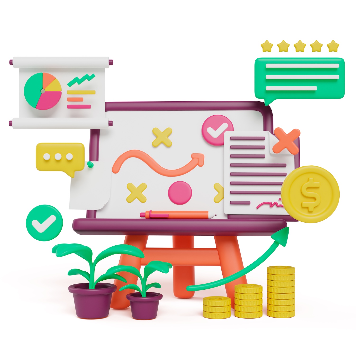Realizzazione Siti Web E-Commerce 3 Immagine in 3d di una lavagna con dei grafici e dei documenti testuali, programmazione della crescita aziendale attraverso tecniche growth hacking - ALOUD Marketing e Advertising