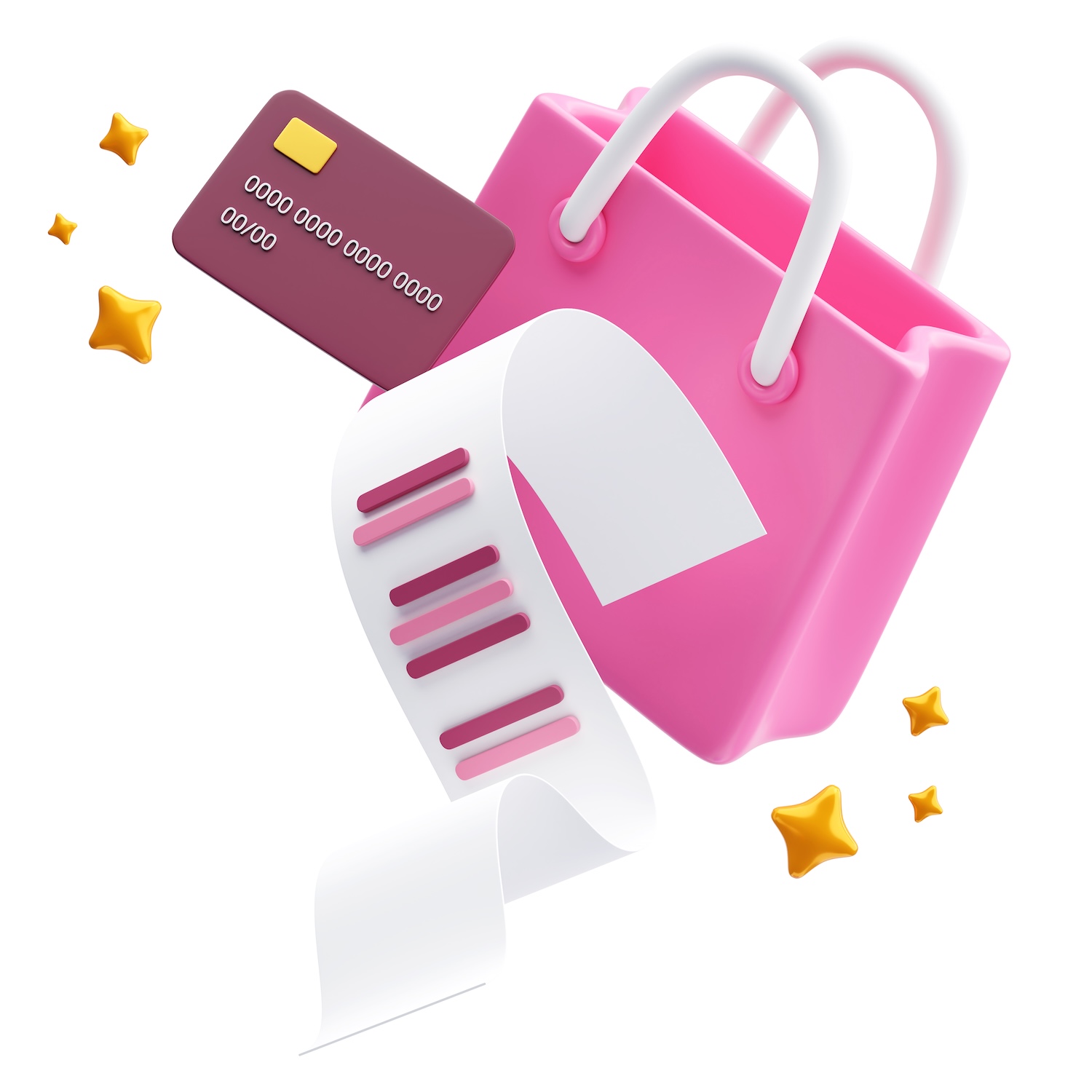 Realizzazione Siti Web E-Commerce 7 Immagine in 3d un acquisto: shopping online con una borsa della spesa, uno scontrino e una carta di credito - ALOUD Marketing
