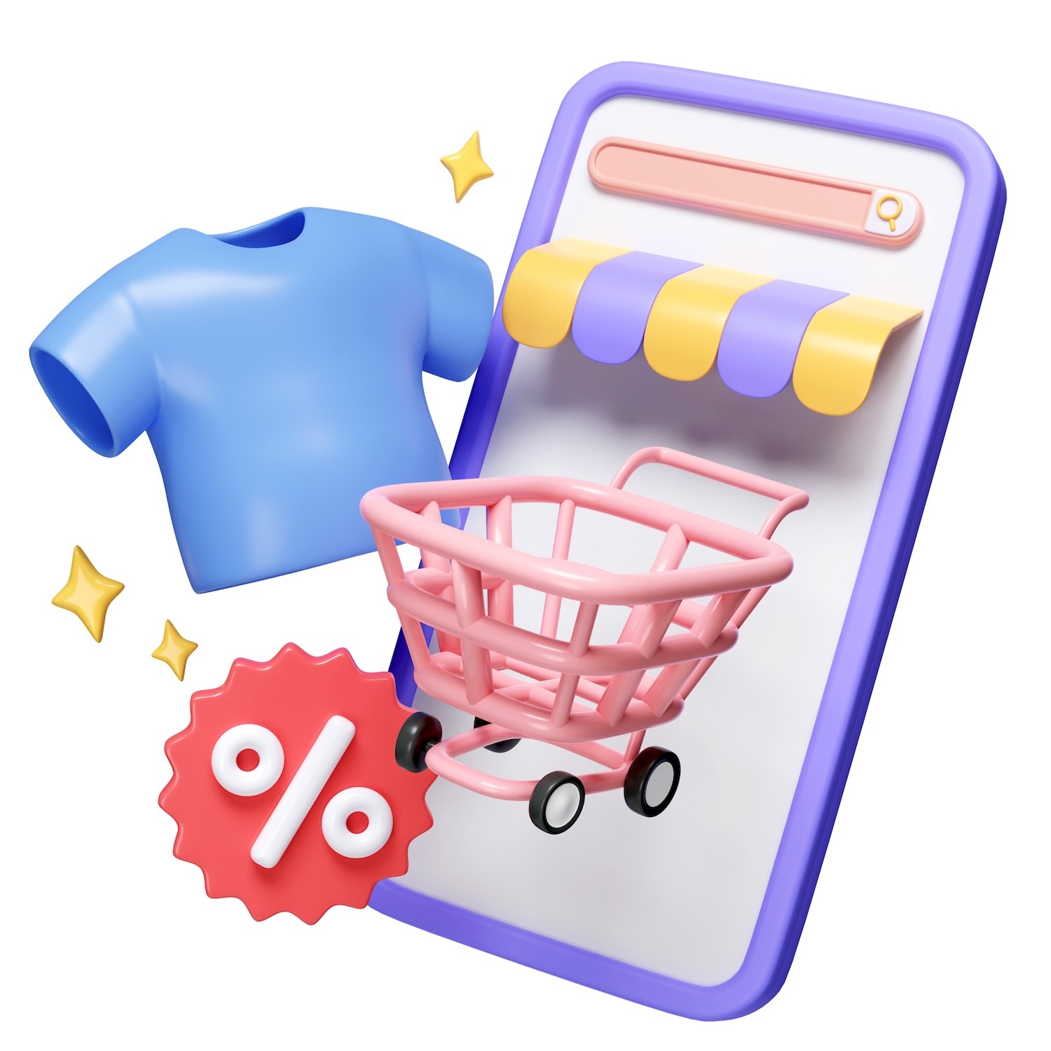 Realizzazione Siti Web E-Commerce 1 Immagine in 3d di un e-commerce mobile friendly stilizzato con carrello, articolo, barra di ricerca e sconto in percentuale - ALOUD Marketing, progettazione di siti web e-commerce